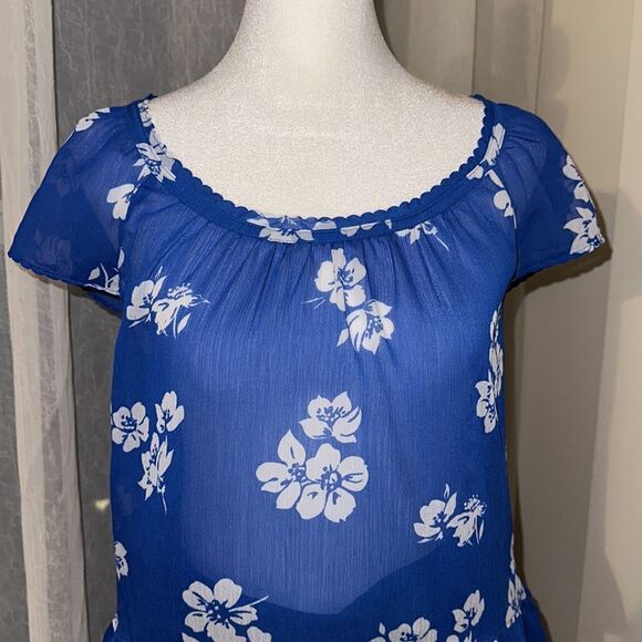 Hollister S Scoop Neck Short Sl Ruffle Hem Back Bow Tie Keyhole Floral Blouse - Picture 3 of 11